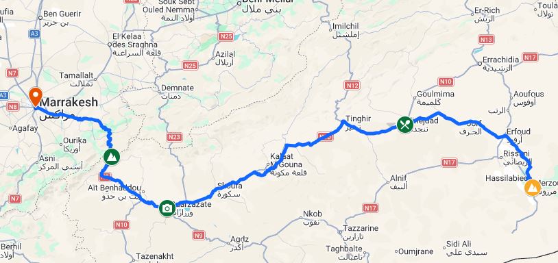 2-Day Desert Tour from Marrakech to Fes Day 1 route