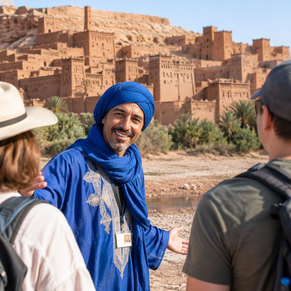 Local guide welcoming travelers at Ait Benhaddou kasbah