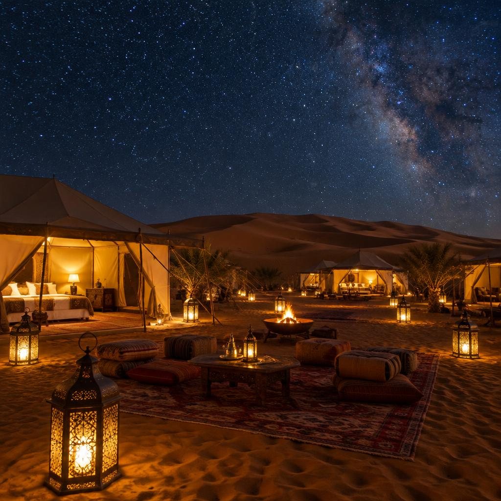 Desert camp in the Sahara at dusk